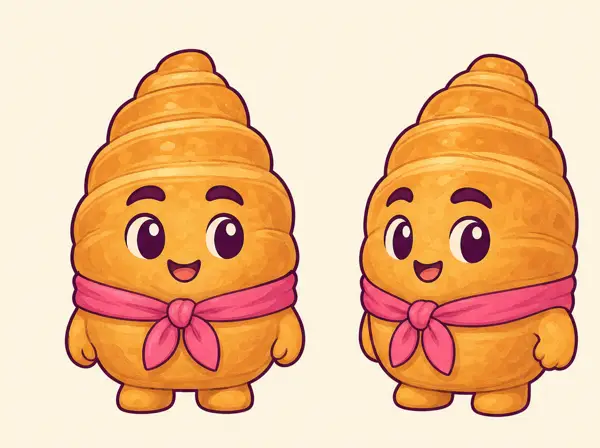 A golden pastry character shown from two angles
