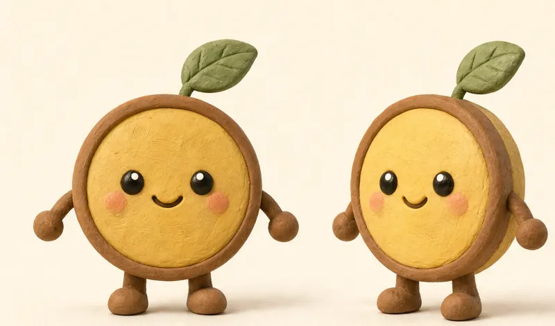 Two angles of a cheerful clay coin character
